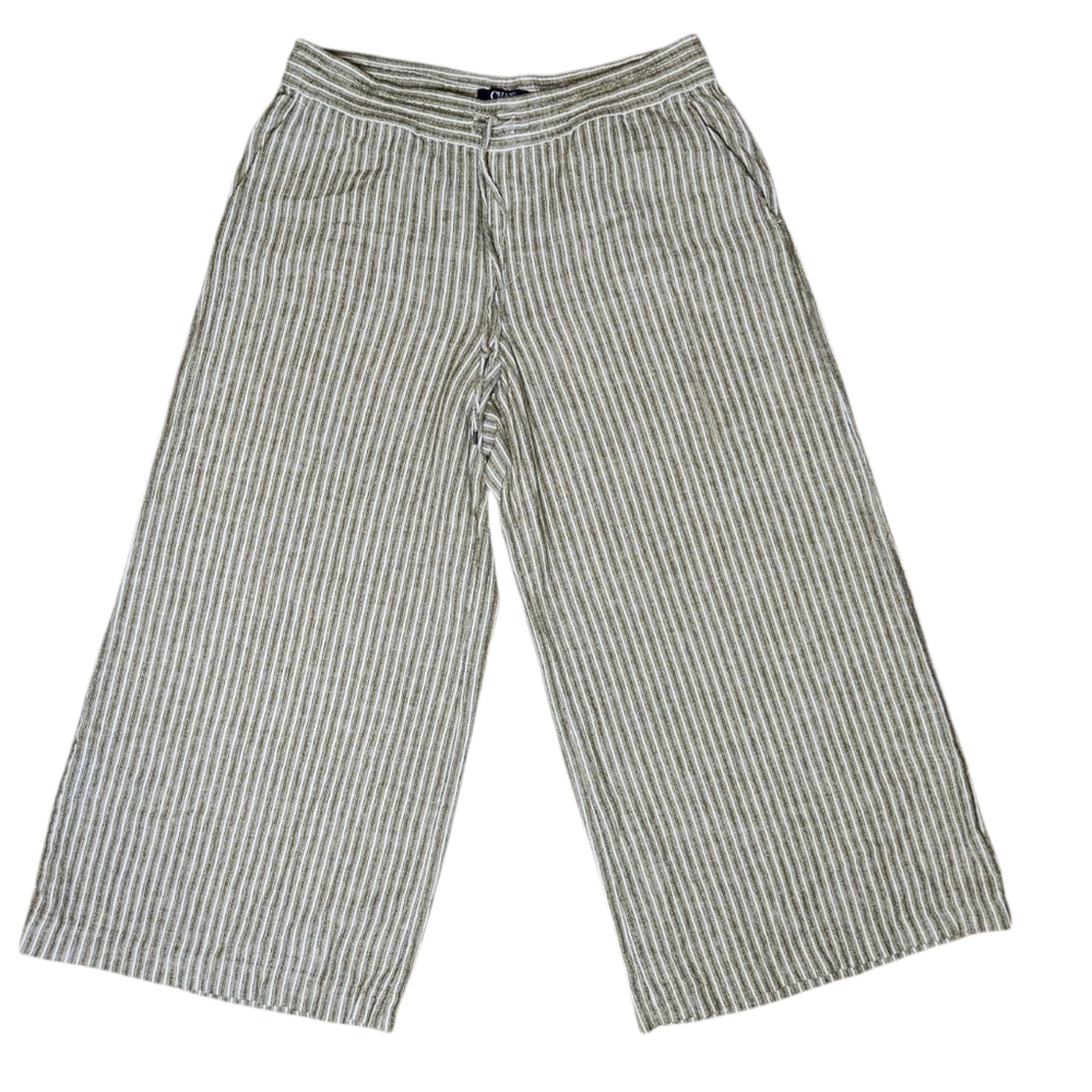 Chaps Linen Blend Wide Leg Crop Pants Medium Olive Stripe Drawstring Waist